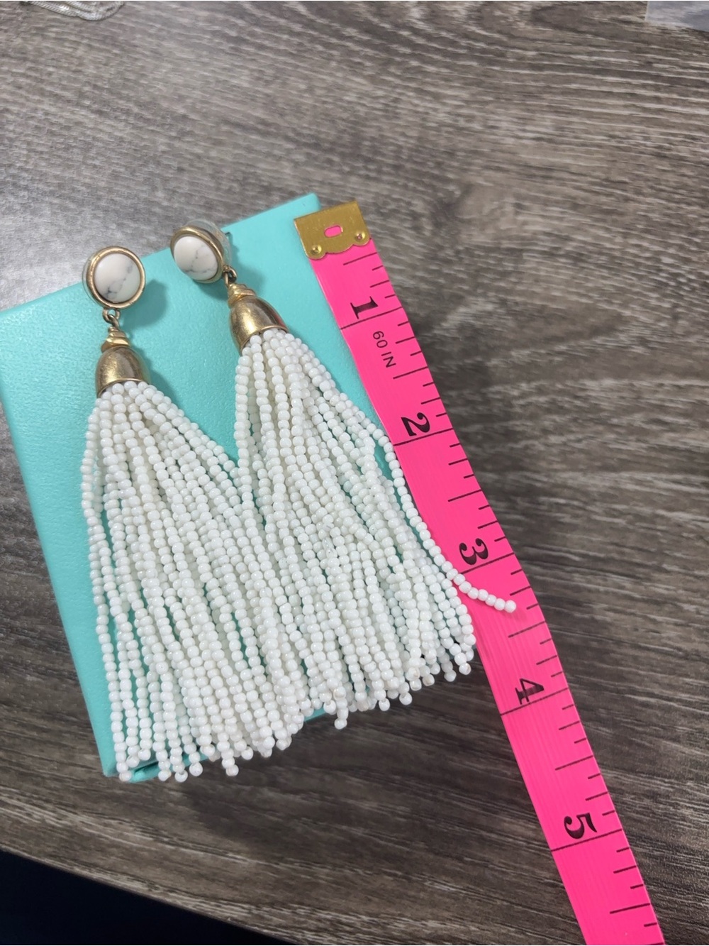 Beautiful White Beaded Tassel Drop Earrings - Gold Accents 3.5” long - Picture 2 of 3